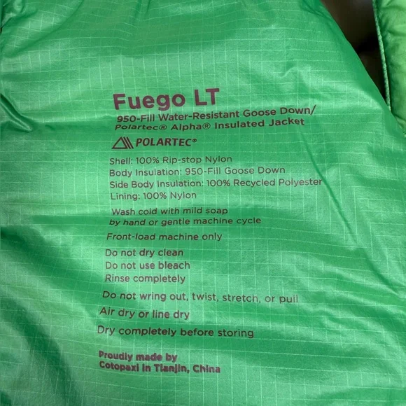Cotopaxi Fuego LT Green 950 Goose Down Fill Jacket NWOT